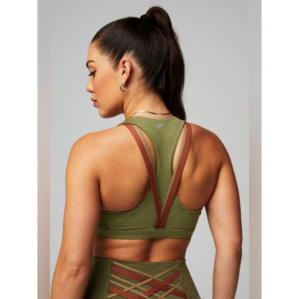 Fabletics Boost Medium Impact Sports Bra Strappy Olive Gym Workout